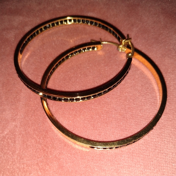 Big Gold and Black Rhinestone Hoop Earrings Sparkle CZ Crystal Channel Hoops - Picture 5 of 11